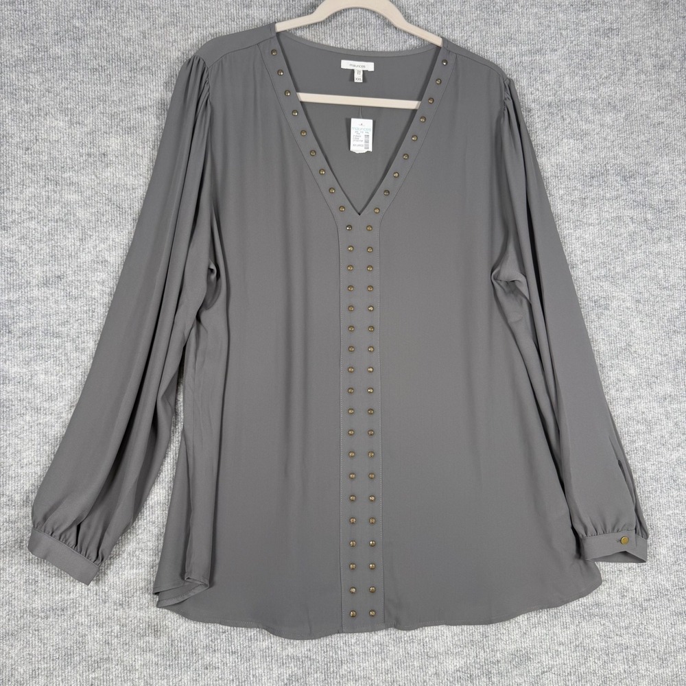 Maurices Size-XXL Women Top Gray Studded V-Neck Long Sleeve Blouse